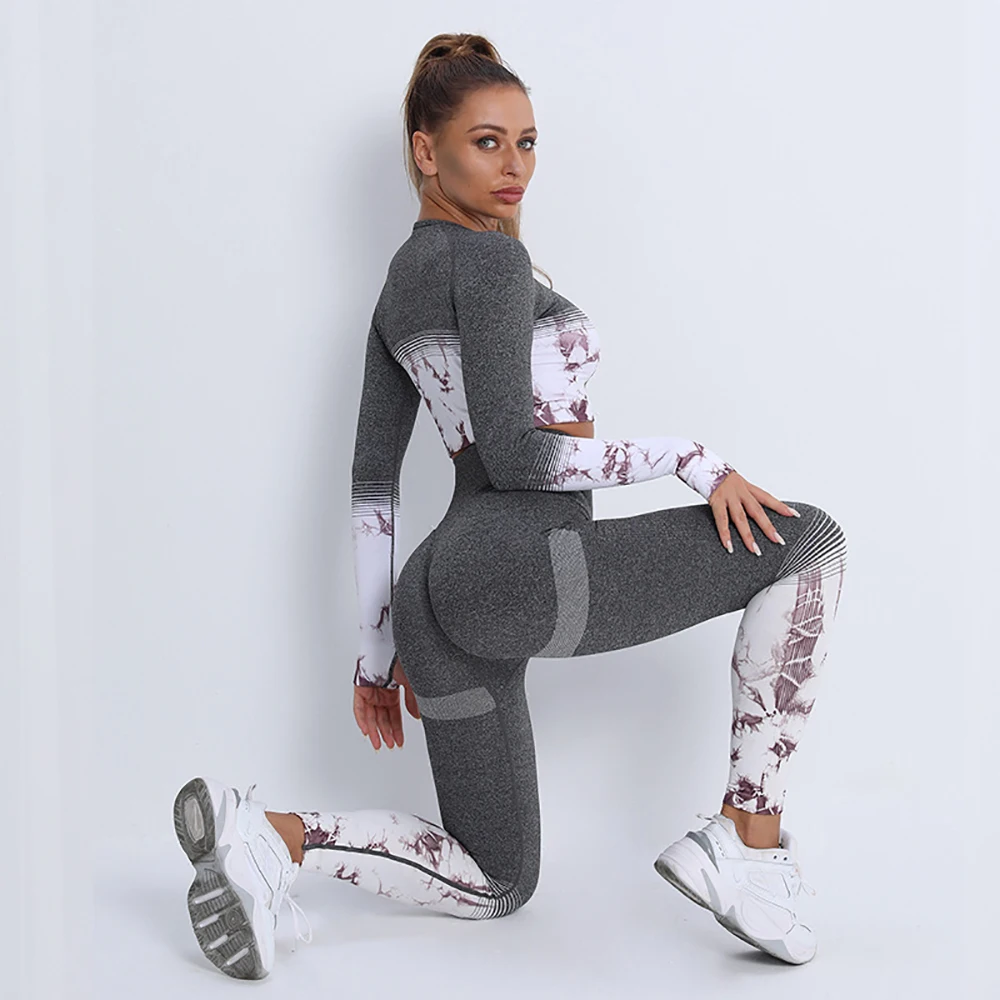 Printed Yoga Set Women Gym Set Sport Suit Fitness Gym Clothing Women Sportswear 2 Piece Sports Set Long Sleeve Workout Set Femme