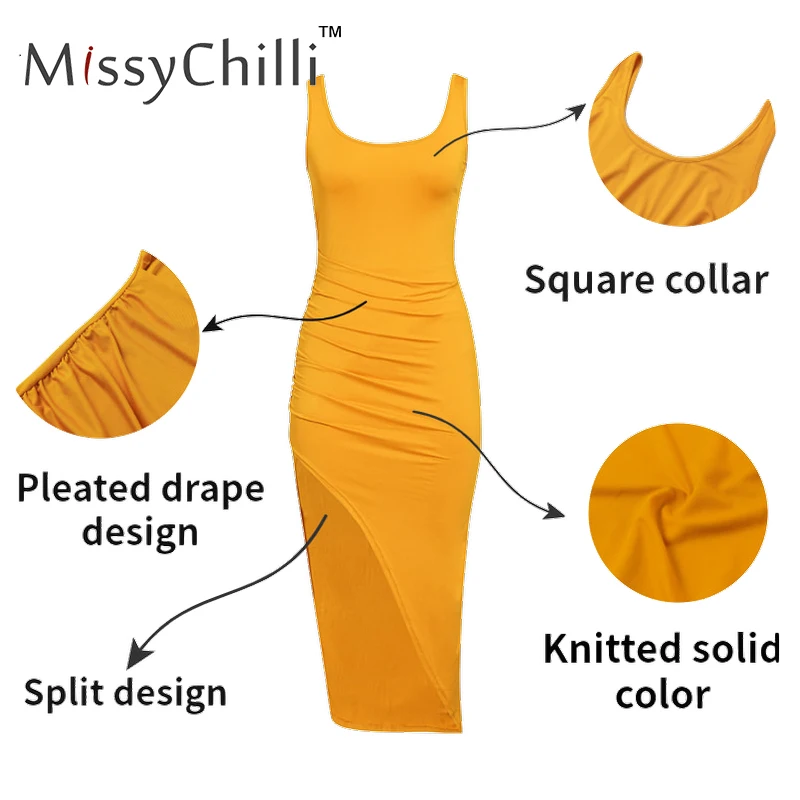 Женское трикотажное платье без рукавов Missychilli желтое однотонное с разрезом для