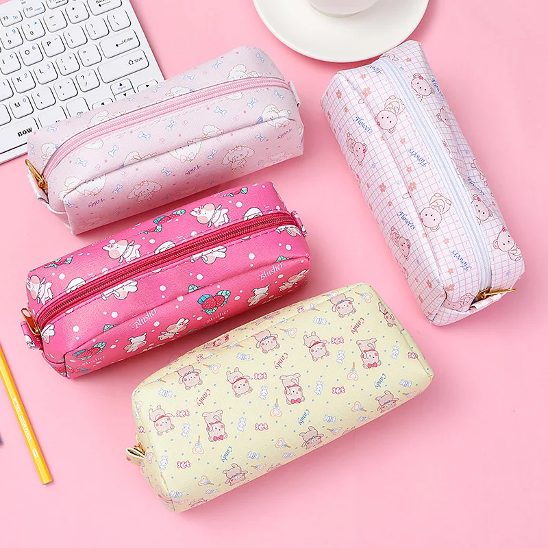 Cute Girly Heart Strawberry Rabbit Pencil Case Pu Student Creative High Capacity Storage Stationery Pen Box Bag | Канцтовары для