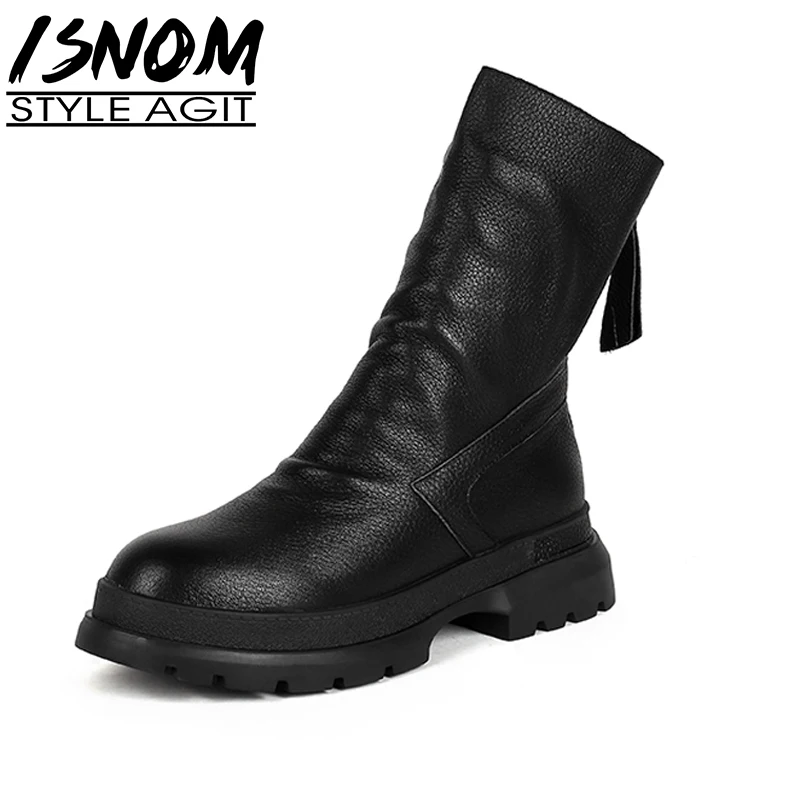 

ISNOM Women Genuine Leather Autumn Winter Platform Flats Back Zipper Thick Heel Ankle Boots Vintage Round Toe Shoes