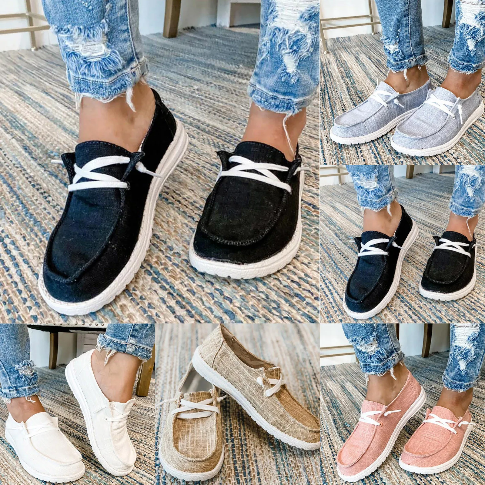

Summer Shallow Mouth Canvas Lazy Shoes Flat Bottom Round Head Women's Shoes Pure Color Lace-up Fashion Asakuchi Casual Shoes R5