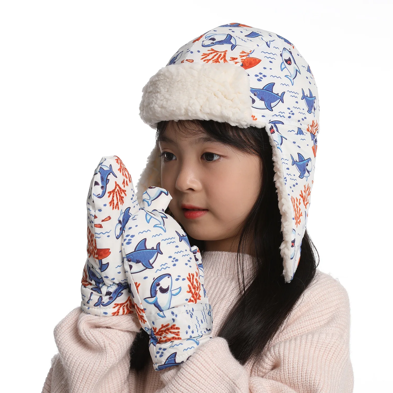 Winter Bomber Hat Gloves Set Boy Earflap Girl Kid Fleece Warm Waterproof Skiing Accessory For Toddler Baby 2Pcs bomber girl