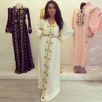 eigthale muslim evening dresses v neck appliques white and gold long prom gowns chiffon belt arabic moroccan kaftan party dress