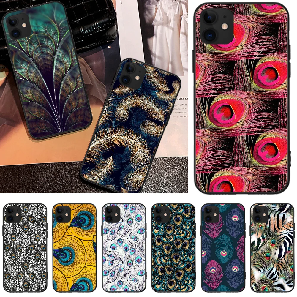 Viviana чехол с перьями павлина черный мягкий для телефона iPhone 5 6 6S 7 8 plus X XS XR MAX 11 pro Pro