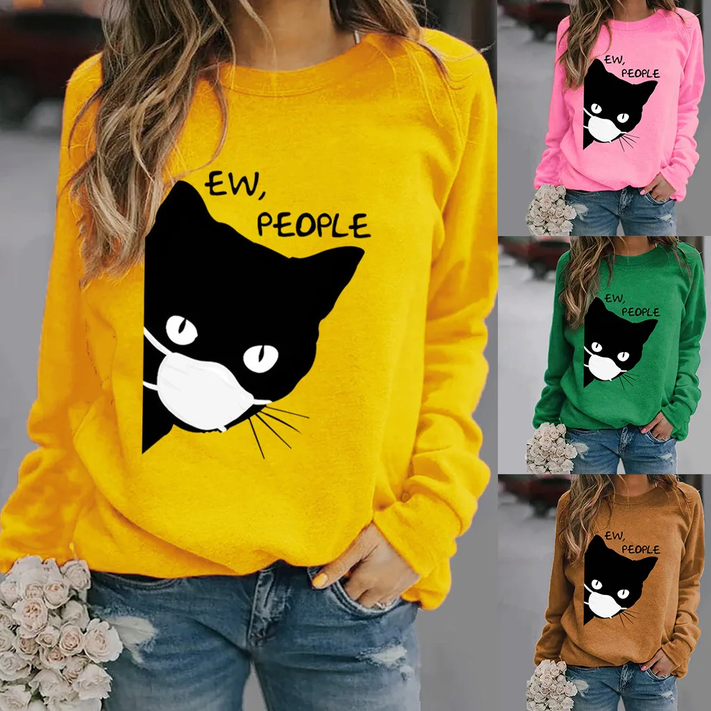 

Women Hoodie Wearing Mask Cat Printed Hoodies Women Fleece Long Sleeve O Neck Loose Sweatshirt Girls Pullovers Autumn Winter