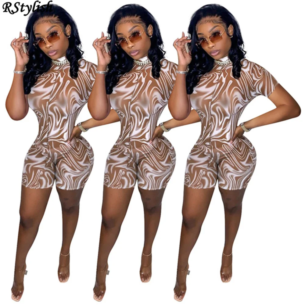 

RStylish 2021 New Summer Woman Mesh Bodysuit Irregular Print Short Sleeve Romper Female Slim Fit Sexy Leotard Bodysuit Overalls