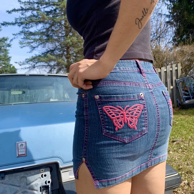 

Streetwear Summer High Waist Wrap Jeans Pencil Skirt Butterfly Embroidery Split Sexy Mini Skirts Womens Casual Fashion Y2K 90s