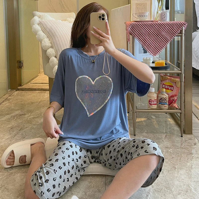 

New Modal Women Pajamas Set Casual T-Shirts+Cropped Trousers Sexy Sleepwear Fashion Sweet Pyjamas Classic Soft Loose Home Wear