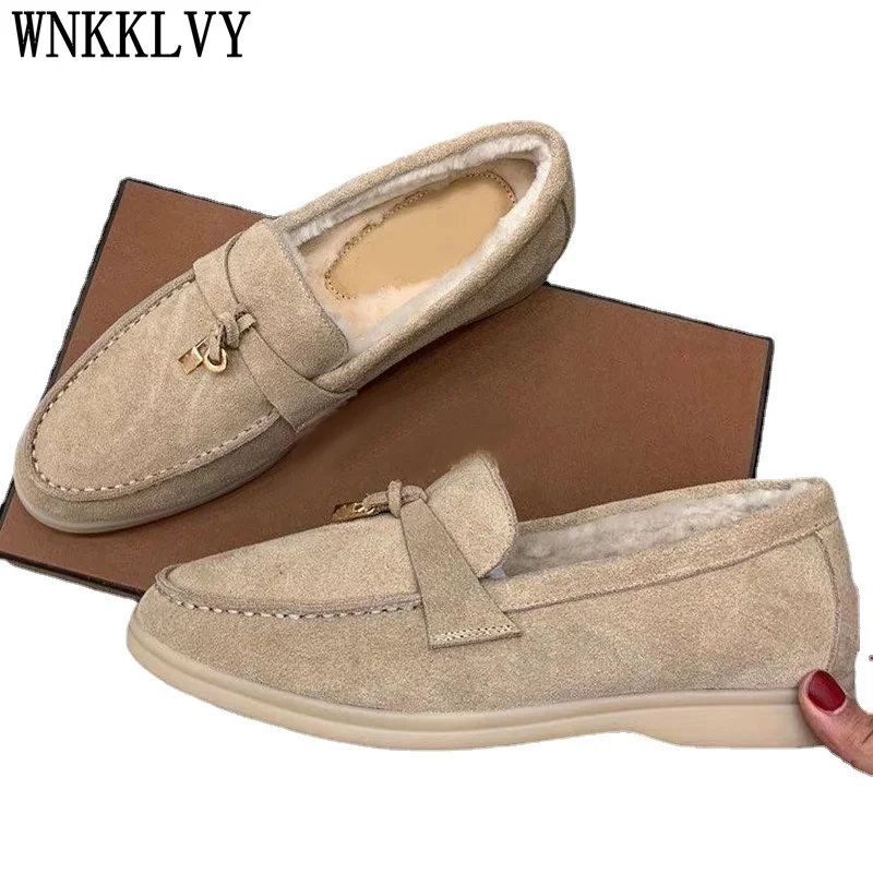 

Женские замшевые ботинки на плоской подошве, повседневные теплые шерстяные ботинки с круглым носком и металлическим замком, уличные удобны...