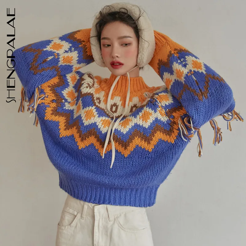 SHENGPALAE Chic Autumn Western Style Hit Color Diamond Dotted Tassels Design Pullover Round Neck Knitting Woman Sweater FT742 | Женская