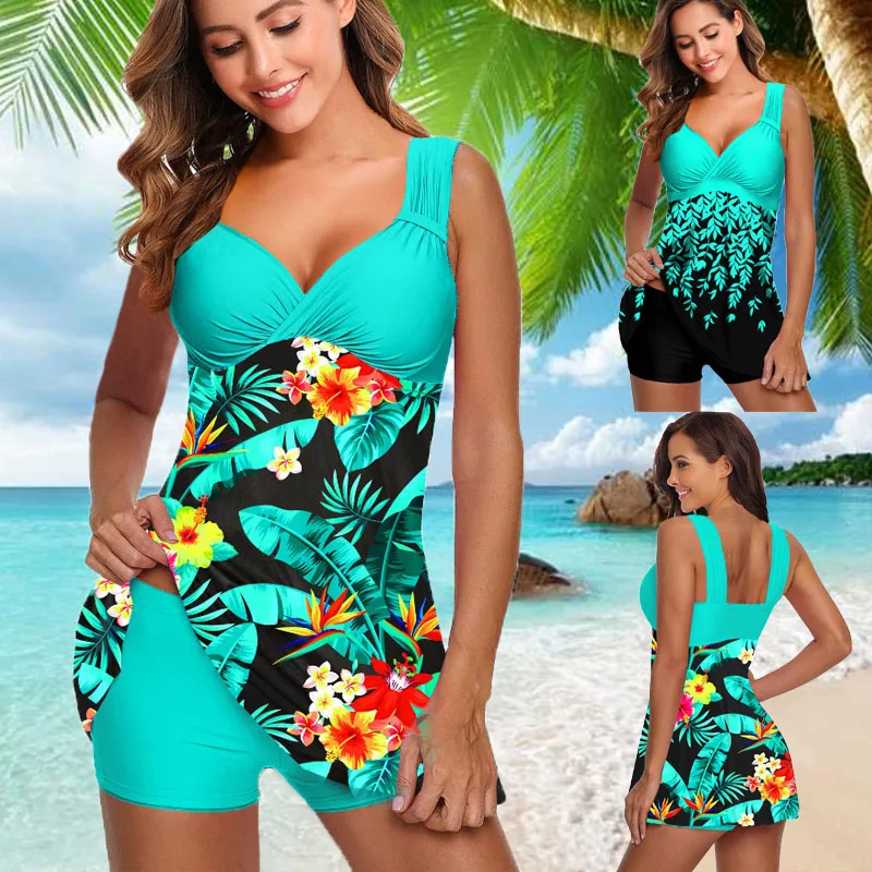 Swimwear Women Flower Print Summer Large Bathing Suits Tankini Beachwear Sexy Bikini Swimdress