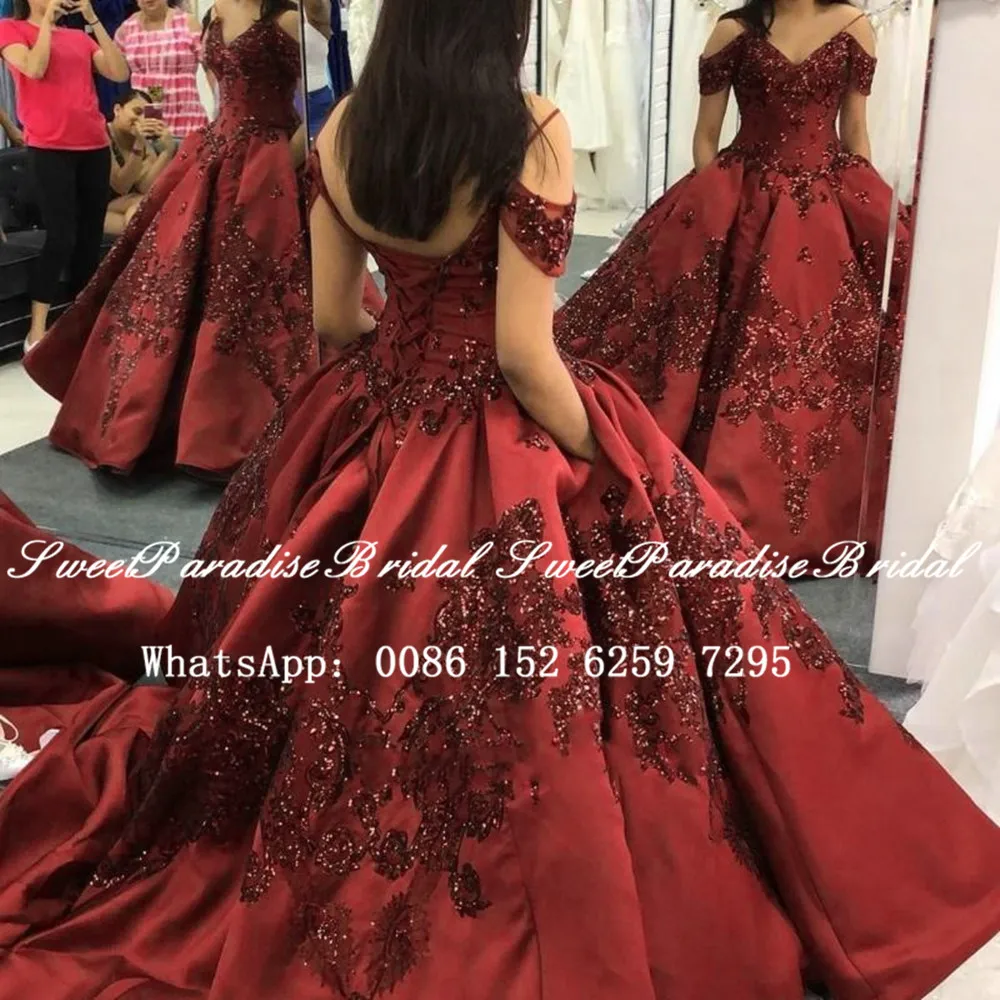 

Burgundy Satin Appliques Quinceanera Dresses Shiny Sequins Appliques Spaghetti Off Shoulder Short Sleeves Sweet 16 Dress Pageant