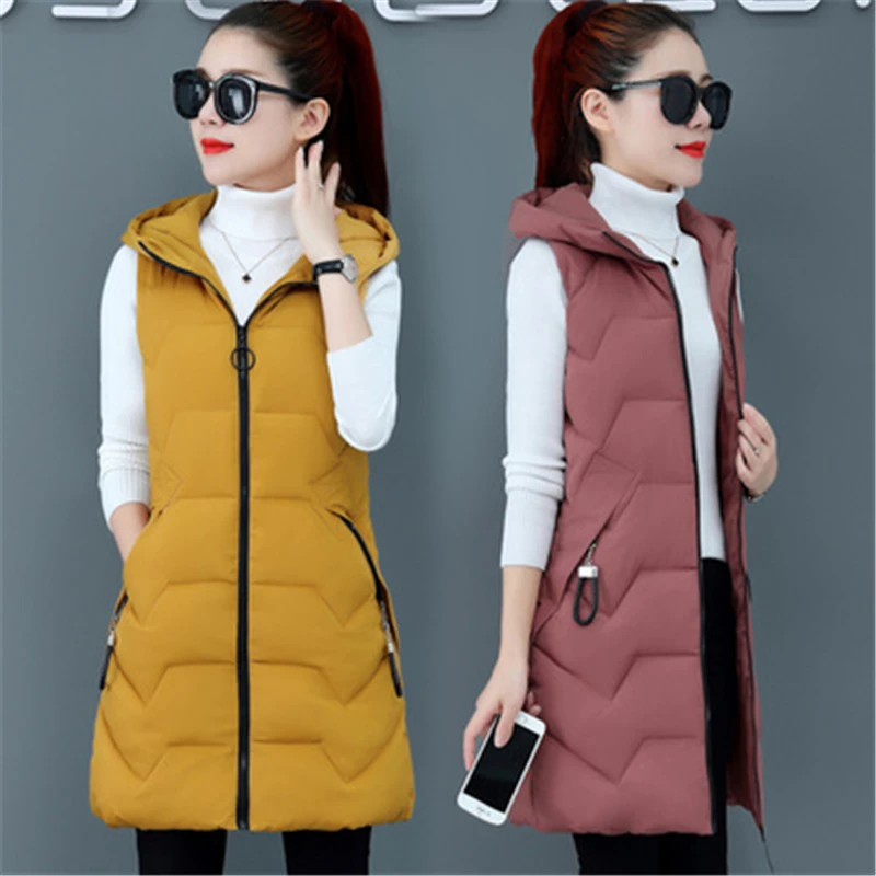 

Autumn Winter Fashion New Style Mid-Length Solid Color Hooded Zipper Thickened Warmth Down Cotton Vest Women Trendy H419
