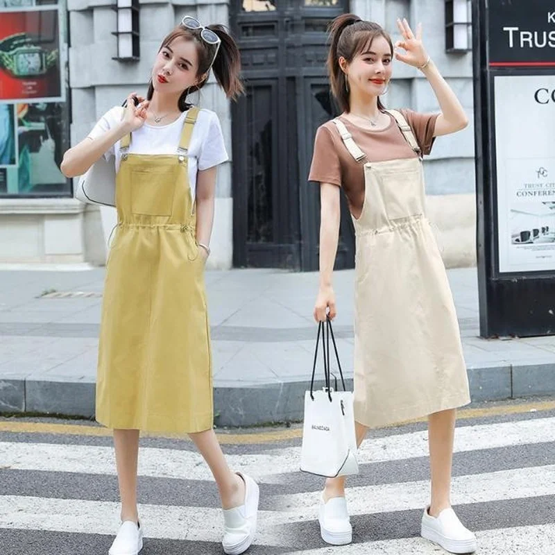 

2 Piece Set Women Dress and Top 2021 Summer O-neck Short-Sleeve Tops + Spaghetti Strap Dresses Sets Womens Outfits Y177