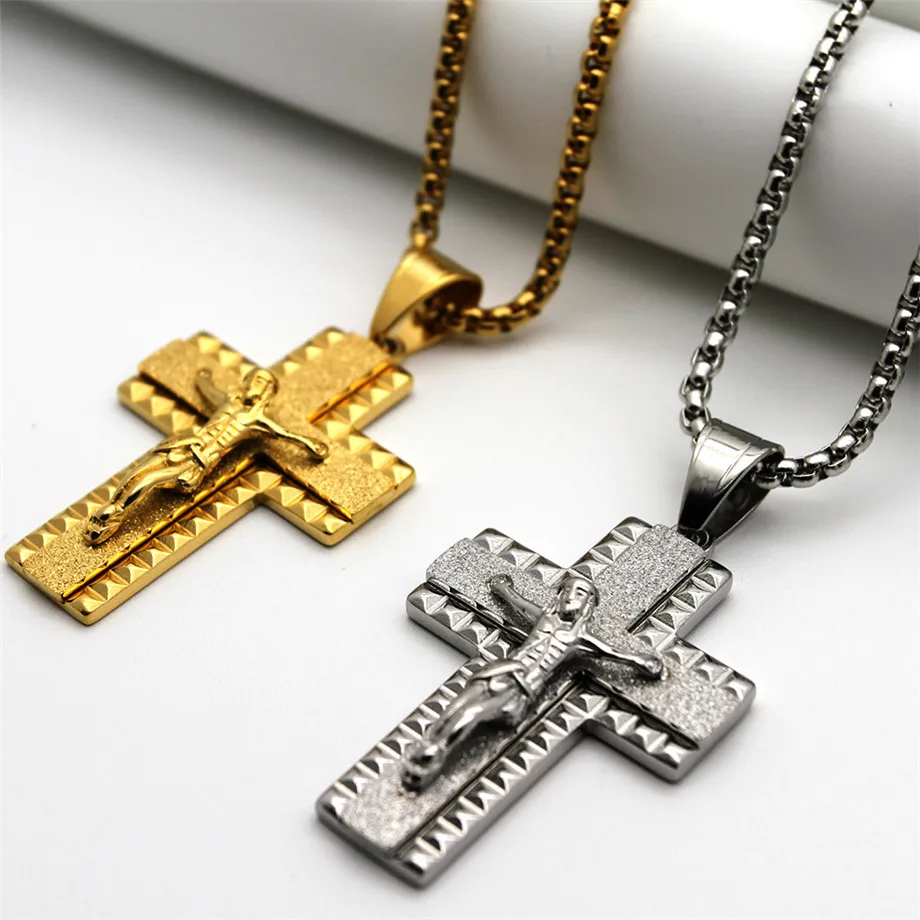 

New Stainless Steel Cross Necklace Pendant For Women Gold Color Link Chain Prayer Crucifix Necklaces Female Christian Jewelry
