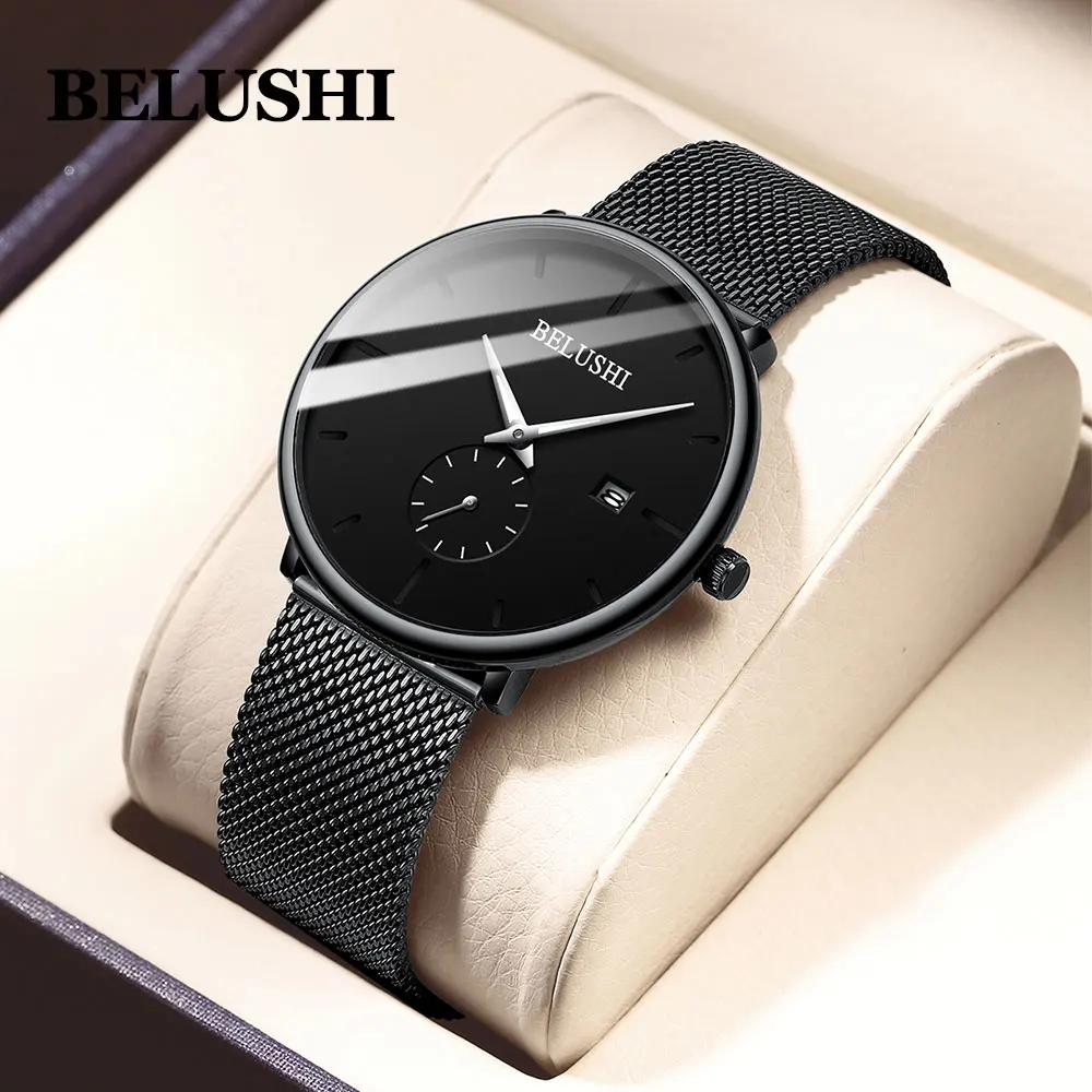 Belushi Man Watch 2019 Luxury Brand Stainless Steel Quartz Men Waterproof Black Date Ultra Thin Watches For Relogio | Наручные часы