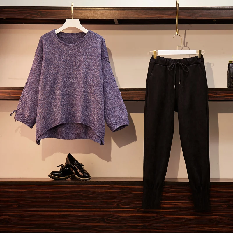 

New Winter Loose Top Sweater & Black Trousers Two-Piece Women Clothing Set Sweaters Leisure Deerskin Flocking Turnip Pants Suit