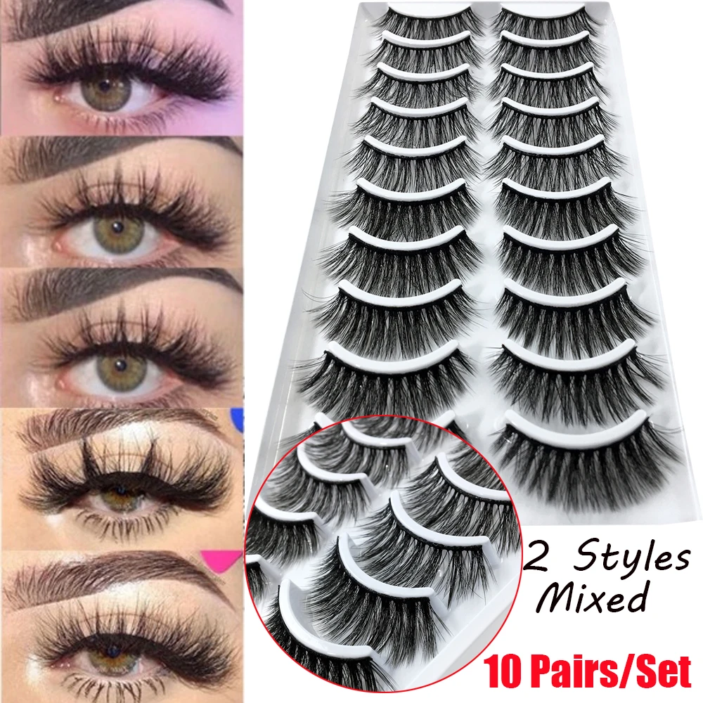 LADYLUNA 1/10Pair Handmade Mixed Wispy Fluffy Natural Thick Long 5D Mink Real Hair False Eyelashes Extension Beauty Makeup Kit