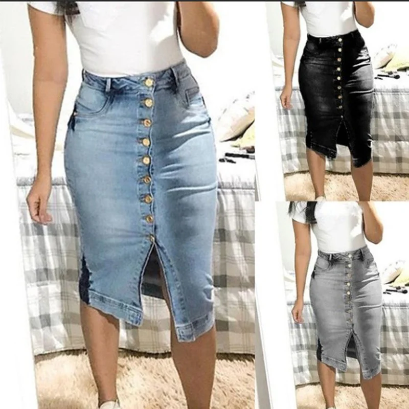 

Denim Skirt Women's Casual Gradient Color Slim Fit Slit Skirt Autumn Fashion High Waist Single-Breasted Pocket Skirt