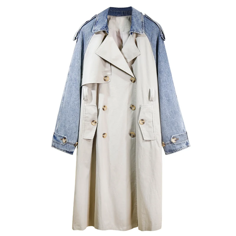 

Ladies windbreaker slim stitching denim fashion double-breasted with belt Ladies autumn jacket