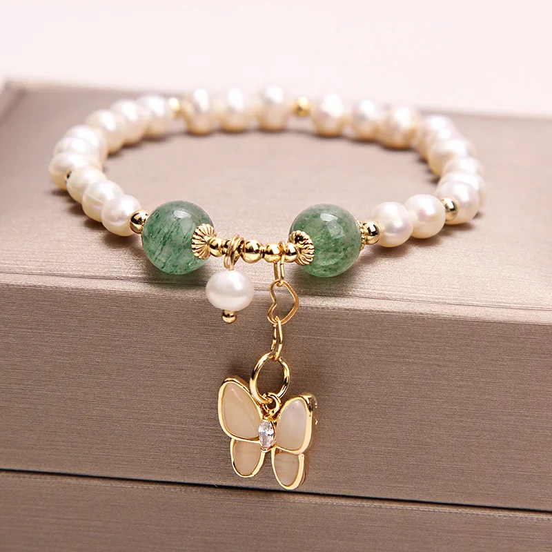 

Fashion Simple Pearl Strawberry Quartz Bracelet Female Ins Special-interest Design Student Girlfriends Opal Butterfly Bracelet