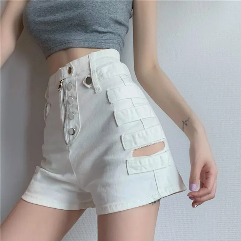 

Shorts Women Denim Solid Button Fly Zipper Hole Skinny Sexy High Waist Summer Vintage Chic Streetwear Fashion Ins Ulzzang Retro
