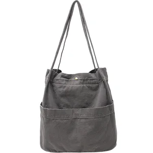 Large-capacity Washed Canvas Shoulder Bag Retro Simple Shopping Bucket Bag Thick Solid Color Harajuku Style