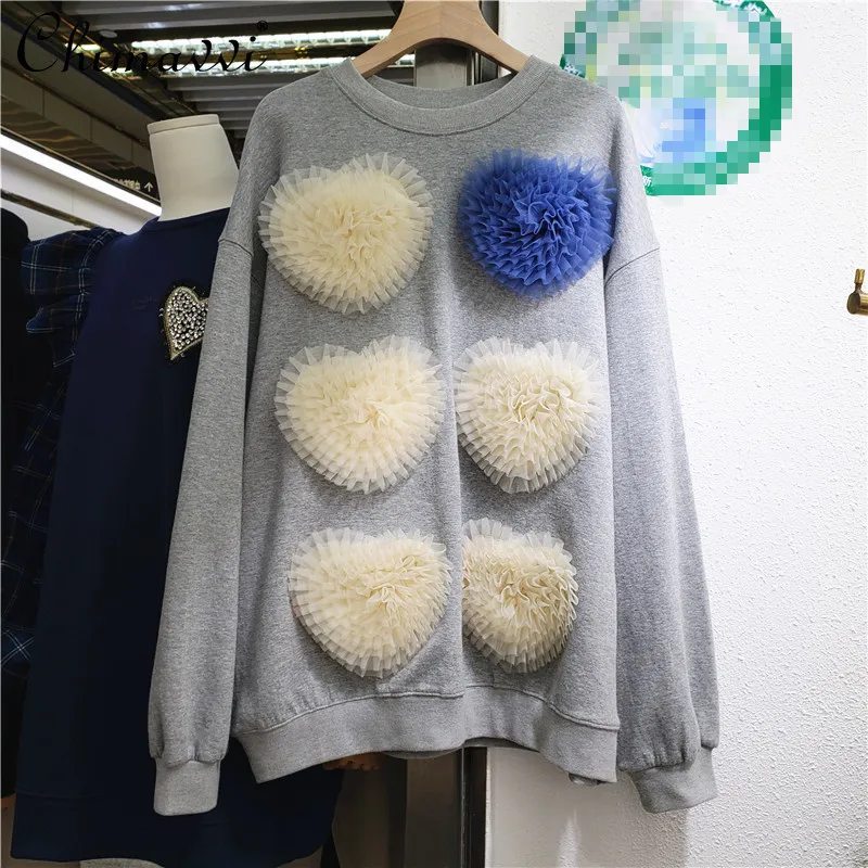 

Casual Six Heart-shape Mesh Patchwork Back Labeling Sweatshirt 2021 Autumn New Women Round Collar Loose Top