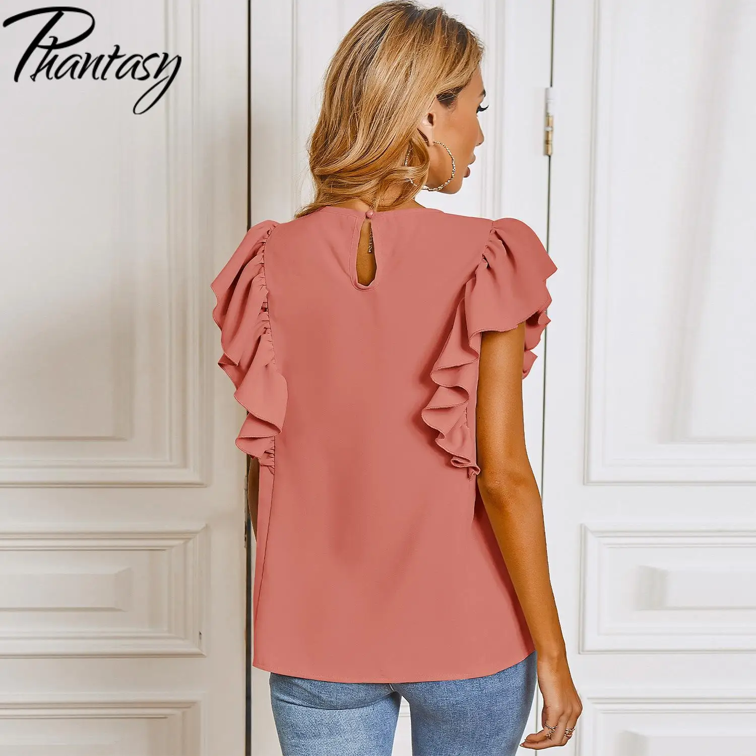 

Phantasy Summer Women Top Round Neck Pink Blouse Stitching Ruffled Slim T-Shirts Office Lady Top Tee Casual Slim Streetwear