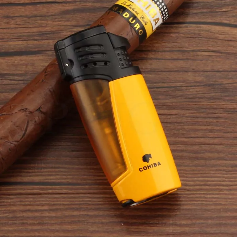 COHIBA зажигалки Winproof 3 Jet зажигалка с горелкой бутановые зажигалки сигарета карманная зажигалка Bulit-in резак для сигар W/Подарочная коробка - Цвет: Yellow