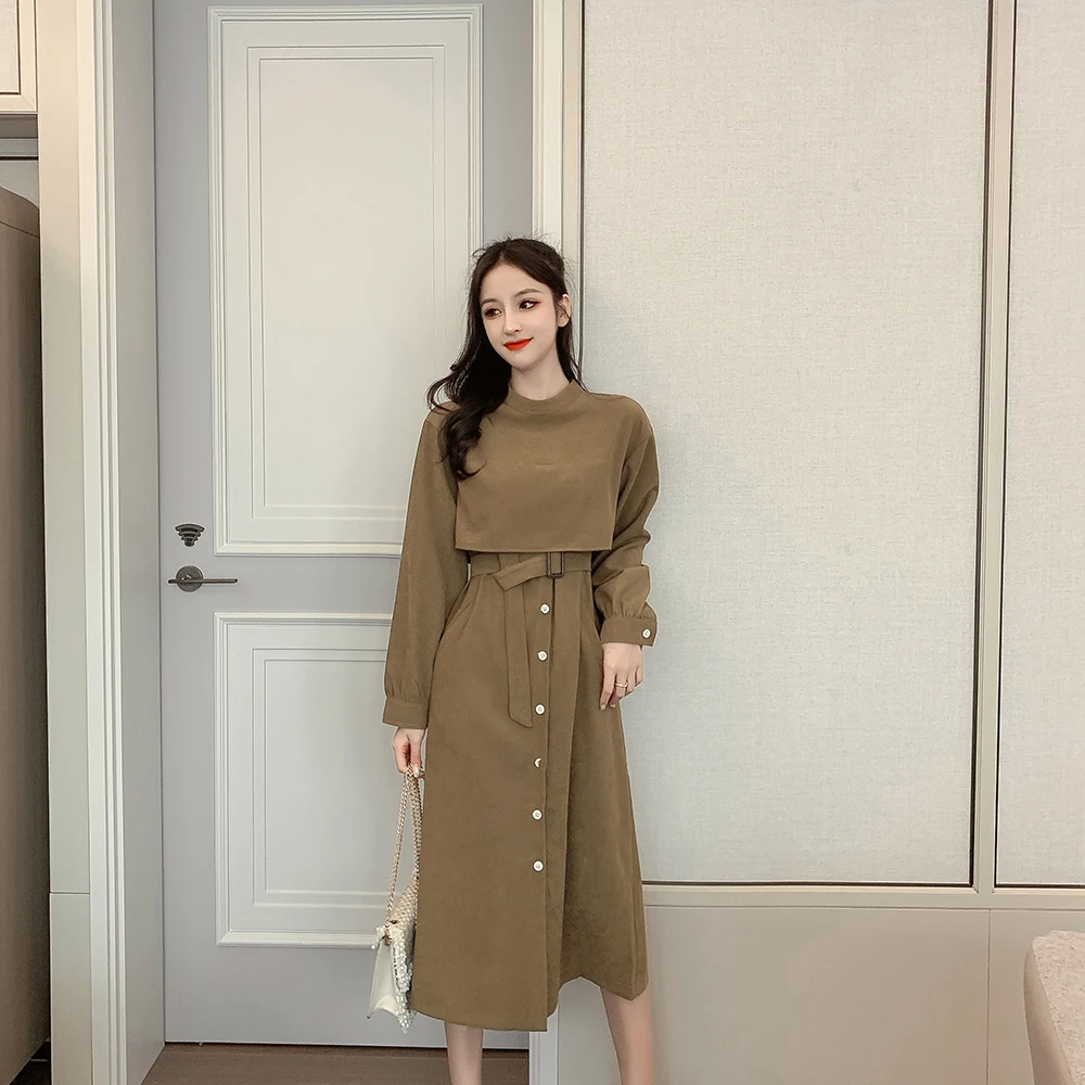2019 Autumn Winter Dress Women Casual New Cotton Long Sleeve O-Neck Solid | Женская одежда