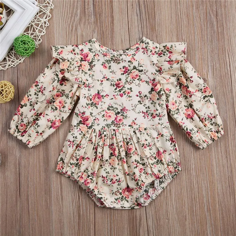 Одежда для маленьких девочек с длинным рукавом и цветочным принтом ползунки