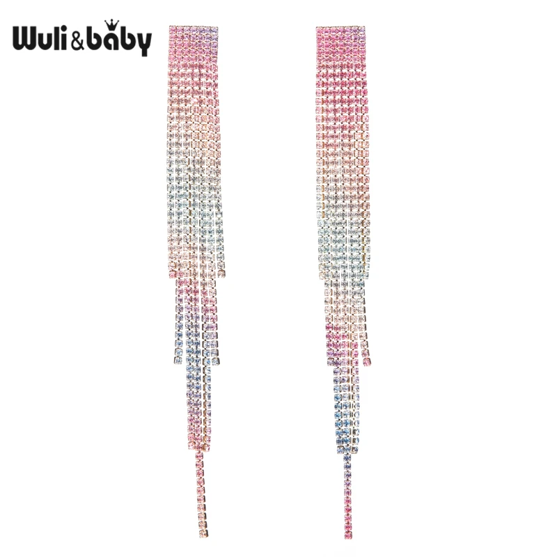 Фото Wuli & baby висячие серьги Стразы радужного цвета женские сверкающие модные