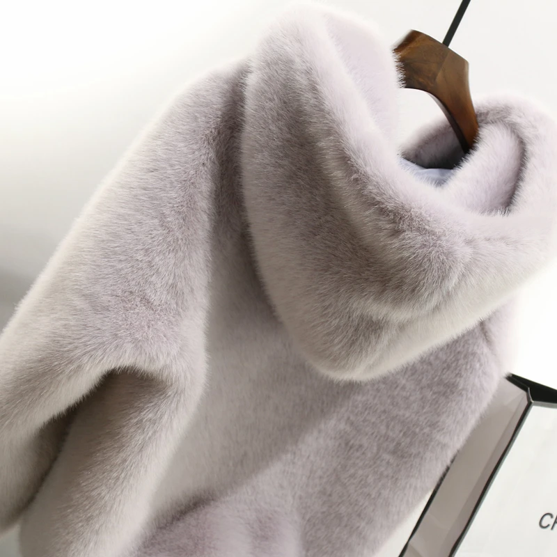 

Winter Faux Mink Fur Coat Long Lantern Sleeved Women Fur Hooded Zipper Warm Fur Flocking Cardigan Tops Fluffy Jacket With Hat