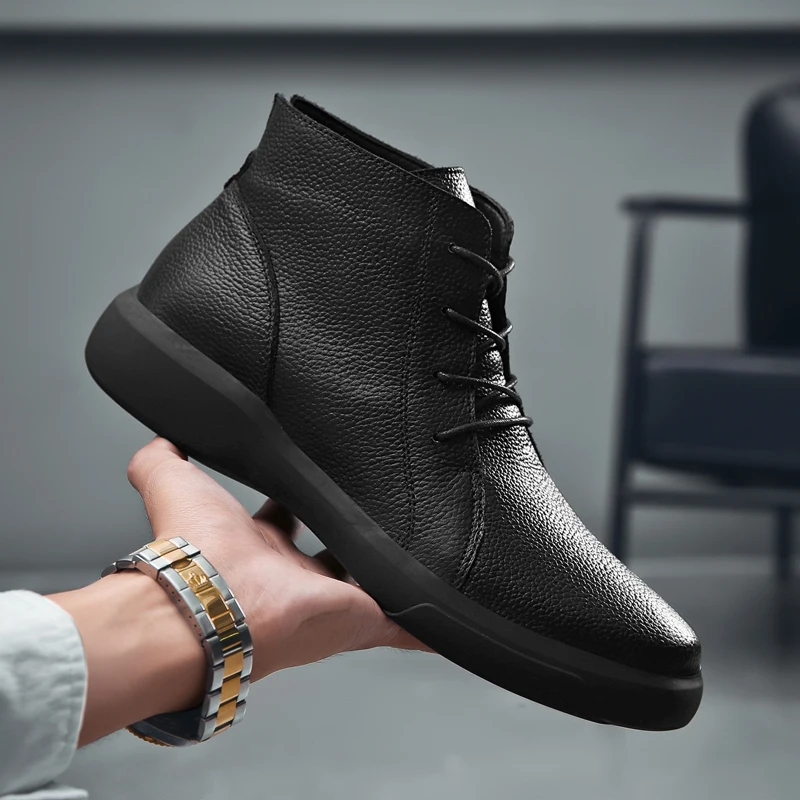 Мужские ботинки на шнуровке Черные ботильоны из натуральной кожи удобная
