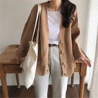 new brown oversize womens sweaters autumn winter vintage v neck cardigans single breasted puff sleeve loose cardigan women warm