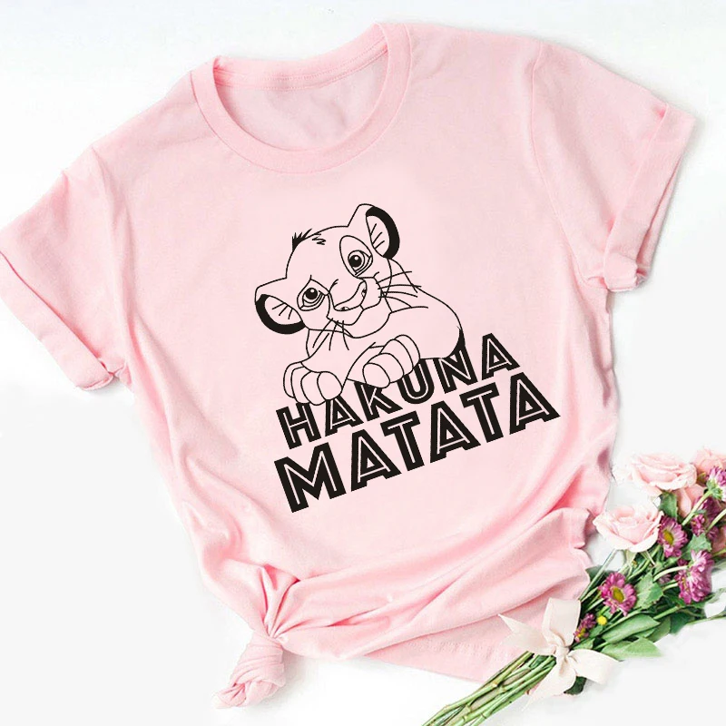 

Футболка женская розовая с принтом льва, Харадзюку, Hakuna Matata, свободная, 0893