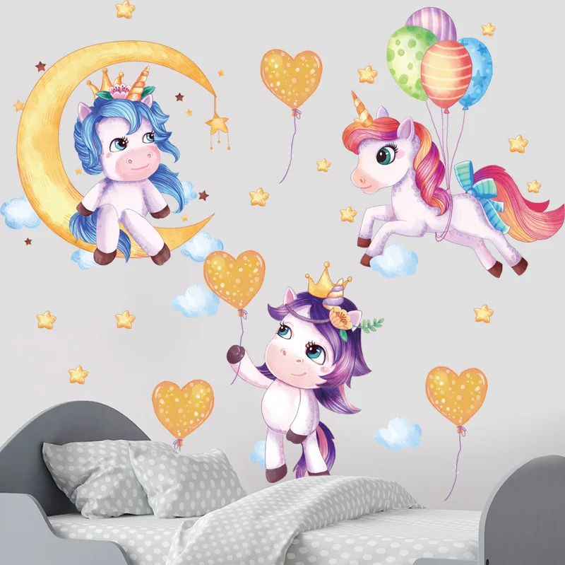 

Cute Unicorn Wall Stickers Cartoon Animals Wallpaper KEco Friendly Kids Room Wall Decals Adhesive Film For Nursery Decoration