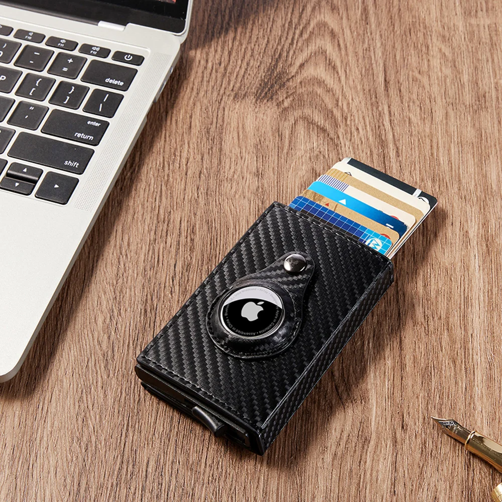 Rfid Credit Card Holder For Apple Airtag Wallet Purse Men Women Carbon Fiber Coin Wallet with Photo ID Window Money Clips Wallet