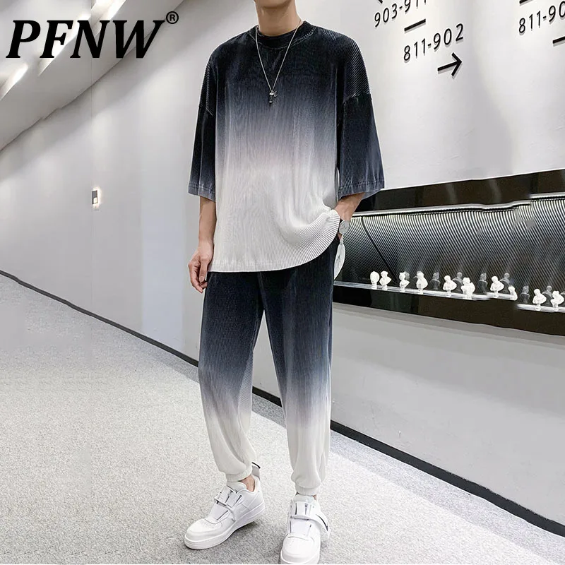

PFNW 2021 New Fashion Loose Round Neck Couple Casual Men's Set Korean Ins Gradient Color Ice Silk Two Piece Spring Autumn 1D2423