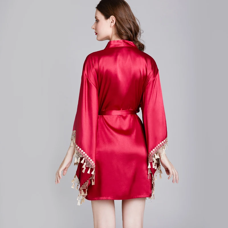 

Ice silk pajamas ladies spring summer nightgown wedding dressing gown wide-sleeved cardigan robe Sleepwear bridal dressing gown