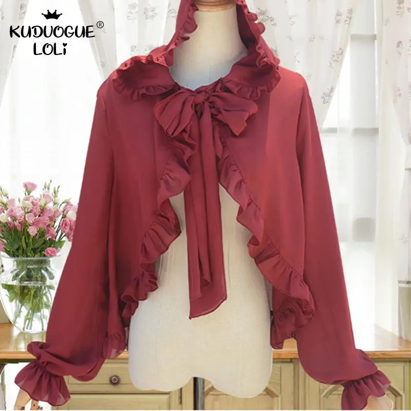 

Lolita Sweet Kawaii Cardigan Long Sleeve Top Folds Ruffles Cape Shawl Shirt Wrap Chiffon Princess Summer Vintage Female Cute Bow