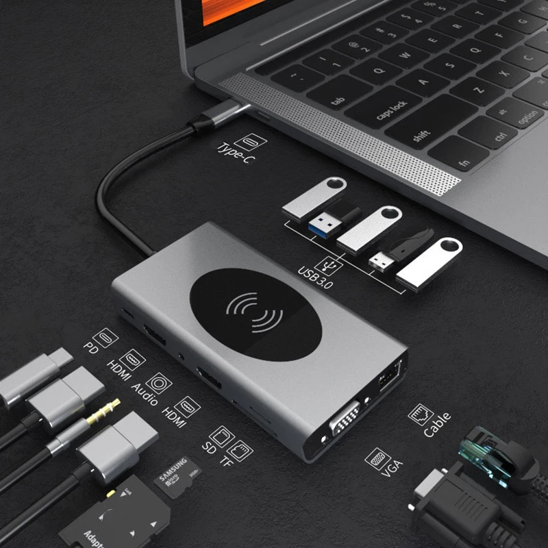 14 в 1 USB C концентратор двойной Hdmi Rj45 Vga Беспроводная зарядка usb хаб 3 0 адаптер док