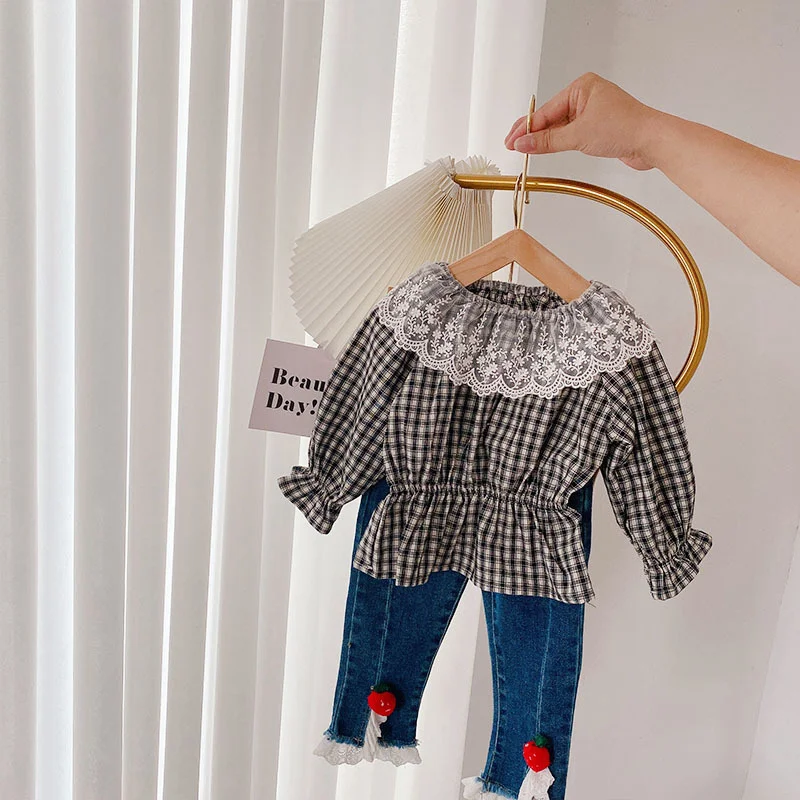 Клетчатая рубашка для девочек Осенний Кружевной Топ с длинным рукавом и открытой