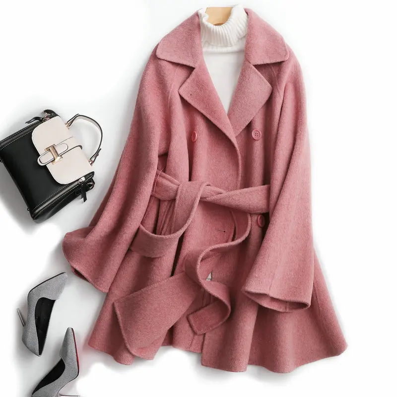 

cashmere 100% Wool wine red double-sided coat female thick belt high-end outlet mid long Korean pink wool coat
