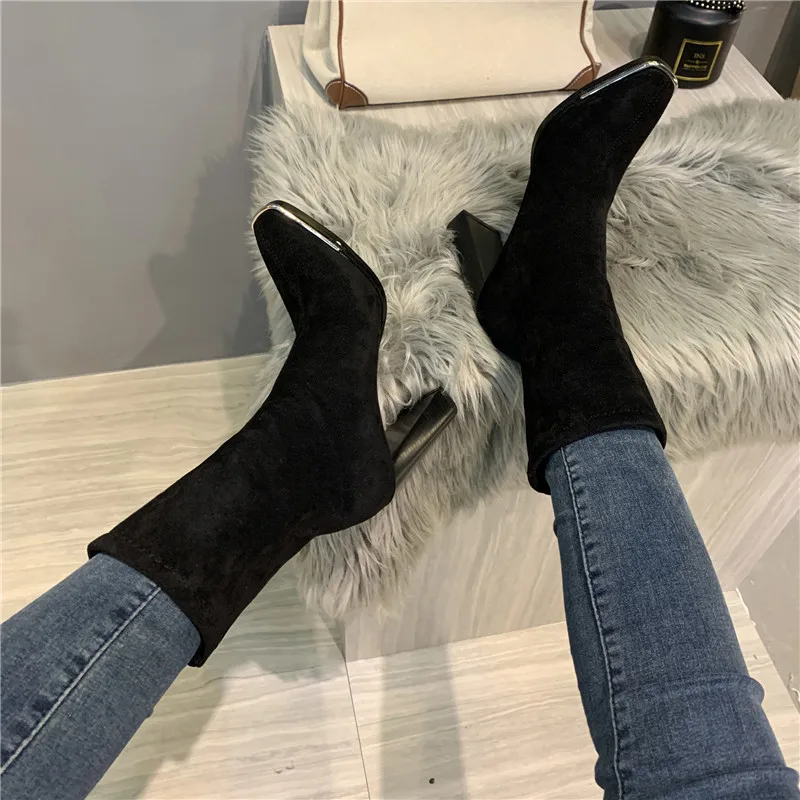 Женские кожаные ботинки знаменитости черные эластичные ботильоны на высоком