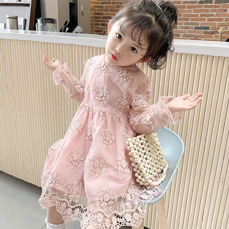 

New Girls Summer Spring Round Neck Dresses Cloth Formal Fashion Casual Loose Cute Flowers Embroidery Long Sleeve Princess Skirt