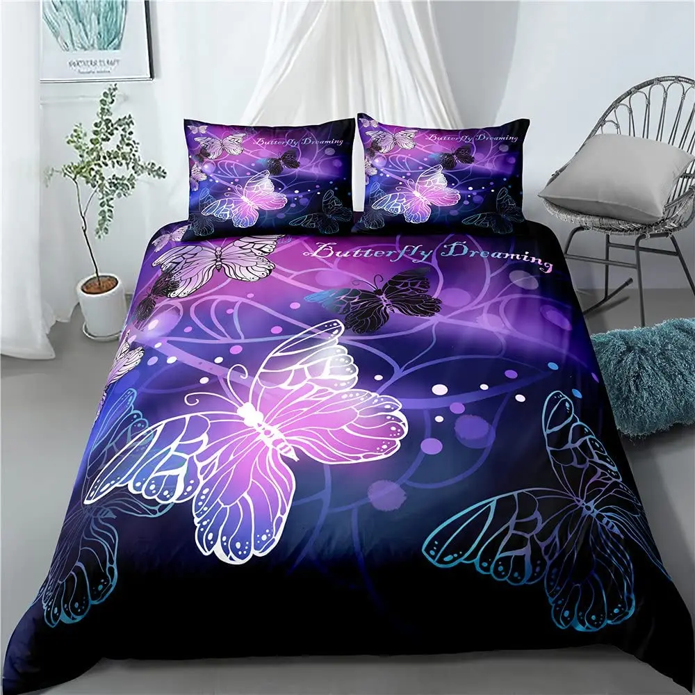 

Sunnycitron Girls Bedding King Size 3D Butterflies Duvet Cover 3-Piece Set Dreamy Night Purple Butterfly Bedding Sets