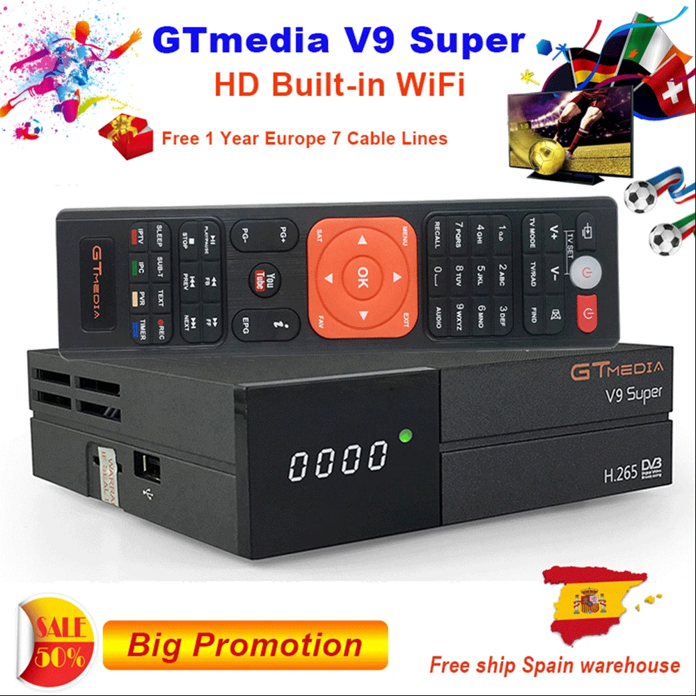Оригинальный спутниковый ресивер DVB-S2 GTmedia V9 Super с встроенным WiFi и поддержкой HD 1080P, аналогичный V8nova, для Европы Испании.