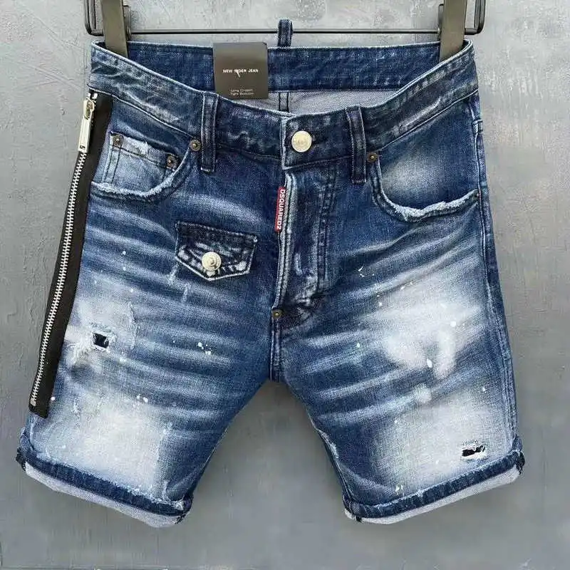 

2021 Summer New Style Dsquared2 Men's Jeans Fashion Slim Five-Point Pants Shorts Stretch Zipper Splash Ink Worn Out